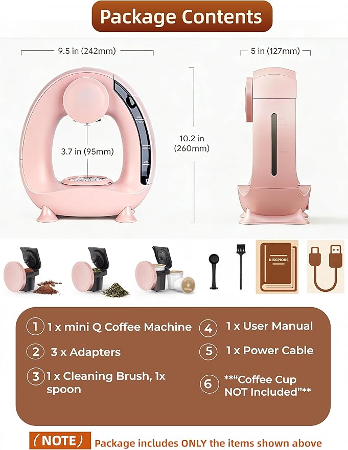 3 in 1 Single Serve Coffee Maker for K Cup Pink, Ground and Tea Leaves, Mini K Cup Coffee Brewer with One Button Operation, 1400W 20s Fast Heating,Compact for Small Spaces-Glass not included