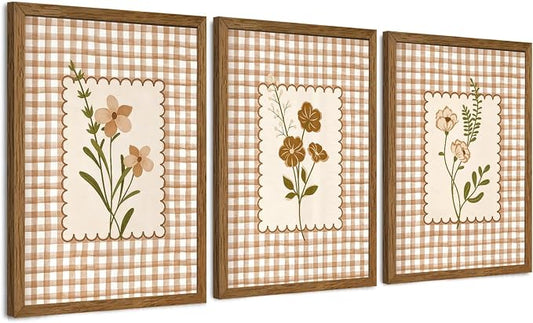 JLTULT Farmhouse Botanical Wall Art Set of 3, Neutral Brown Cottagecore Floral Prints, Wood Framed Wall Decor for Bedroom Living Room Nursery Hallway, 12x16 Inches Each, Ready to Hang