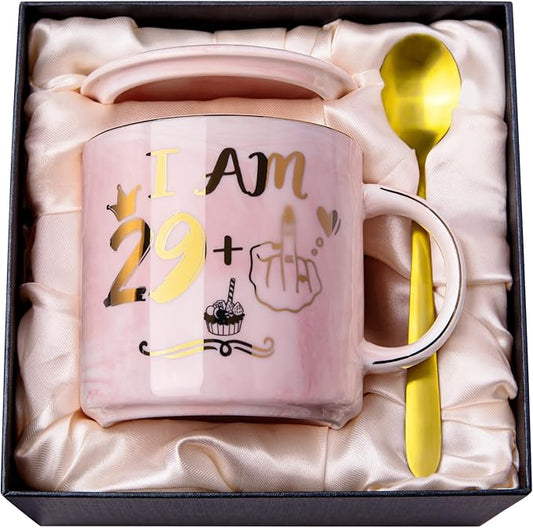Funny 30th Birthday Gifts for Women - 14oz Pink Marble Ceramic Coffee Mug with Cheeky 29+1 Joke, Elegant Gold Print, Include Greeting Card & Beautiful Gift Box, Perfect for Birthday Celebration, Party