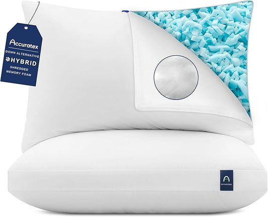 ACCURATEX Hybrid Pillow for Sleeping, Adjustable Shredded Memory Foam Pillow Core with Fluffy Down Alternative Fill Removable Cotton Cover,for Side,Back,Stomach Sleepers,Standard Size