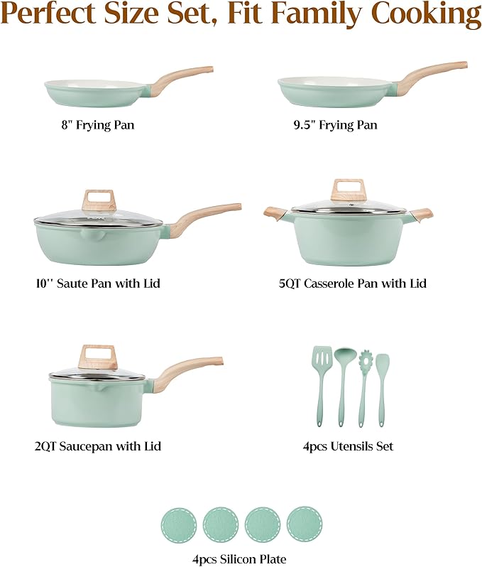 FDN 16Pcs Titanium Pots and Pans Set,Toxic-Free Cookware Set, Dishwasher & Oven Safe, Induction Compatible with Bakelite Wood Grain Handle, Compact and Durable