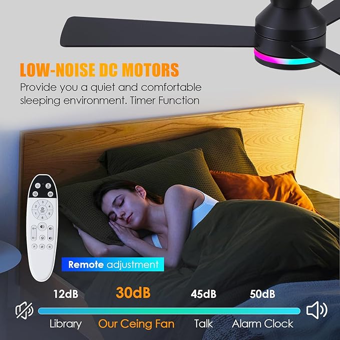 Asyko 46" RGB Ceiling Fans Light,Low Profile Ceiling Fans with Lights and Remote,Modern Flush Mount Ceiling Fan Light with Quiet Reversible DC Motor for Bedroom Kids Room