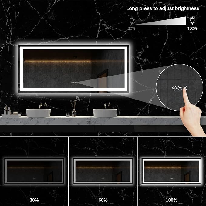 LOAAO 60"X28" LED Bathroom Mirror with Lights, Anti-Fog, Dimmable, Backlit + Front Lit, Lighted Bathroom Vanity Mirror for Wall, Memory Function, Tempered Glass, ETL Listed