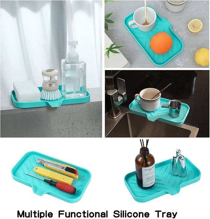MicoYang Silicone Soap Dish with Drain Spout — Self-Draining Sink Organizer Tray for Bathroom & Kitchen, Sponges, Dispensers & Soap Holder, Non-Slip & Dishwasher Safe, Mint (Medium, 9.6"×5.3")