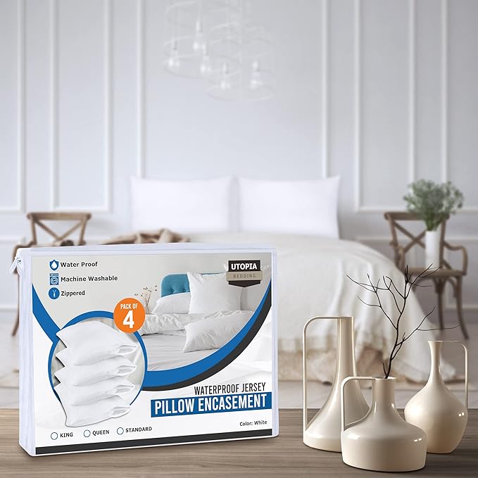 Utopia Bedding 80 Pack Waterproof Pillow Protectors with Zipper Standard Size (White), Bed Bug and Dust Mite Proof Pillow case Covers, Moisture Wicking Pillow Encasements 20 x 26 Inches