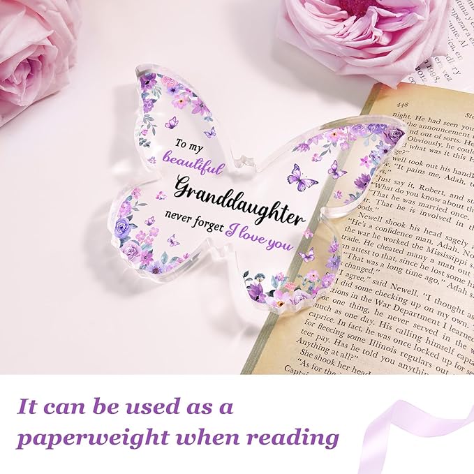 Granddaughter Gifts from Grandma Grandpa - Unique Purple Butterfly Acrylic Plaque Desk Decor - Mothers Day Christmas Valentines Day Graduation Gift for Granddaughter - 5 x 3.8 x 0.5 inches