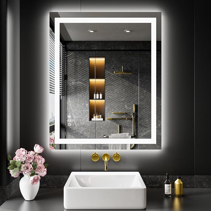 LOAAO 28"X36" LED Bathroom Mirror with Lights, Anti-Fog, Dimmable, Backlit + Front Lit, Lighted Bathroom Vanity Mirror for Wall, Memory Function, Tempered Glass, ETL Listed