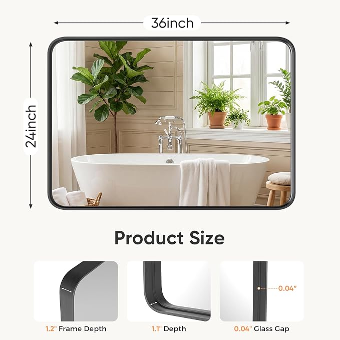 Sweetcrispy Bathroom Wall Mirror, 36x24 Inch Mirror for Over Sink, Black | Modern Wall Mount Vanity Mirror Rounded Rectangle with Matte Brush Metal Framed, for Home Decor, Living Room, Bedroom