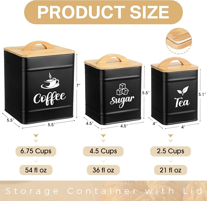 Maxdot 3 Set Coffee Sugar Tea Containers, Square Airtight Kitchen Canisters Storage Ground Organization with Bamboo Lids Rustic Metal Jars for Coffee Bar Beans, Tea Leaves, Food, Countertop(Black)