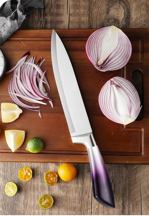 Kitchen Knife Set, 9 Pieces Purple Cleaver Knives Set with Rotatable Block, Non Stick Sharp Stainless Steel Chef Knife Set with Sharpener for Kitchen, Cooking Tools for Chefs Home Cooks (Purple)