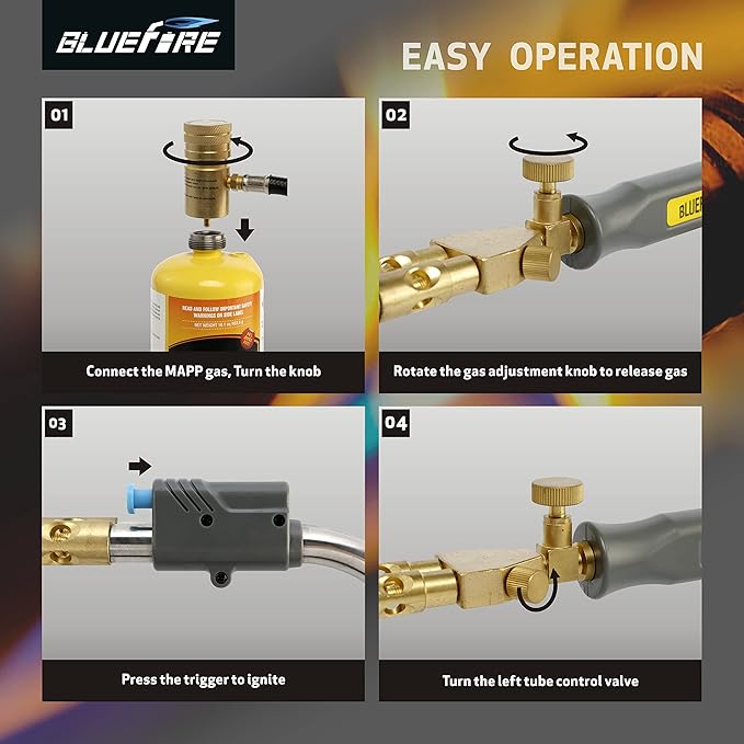 BLUEFIRE HZ-8150 Double Heads Swirl Flame Self-Ignition Hosed Turbo Torch 5' long Hose Trigger Start MAPP MAP Propane Welding Blowtorch Nozzle for brazing large diameter copper pipes, Torch Only