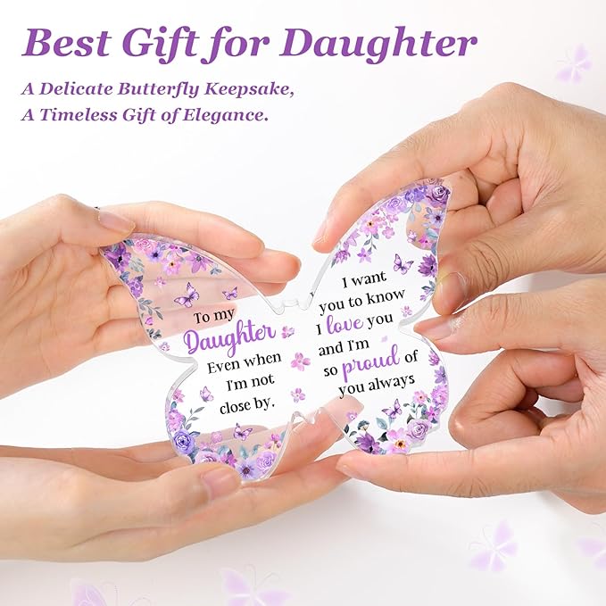Mothers Day Gift for Daughter from Mom Dad, Unique Purple Butterfly Acrylic Plaque Desk Decor, Mothers Day Valentines Christmas Birthday Graduation Gifts for Daughter Adult, 5 x 3.8 x 0.5 inches