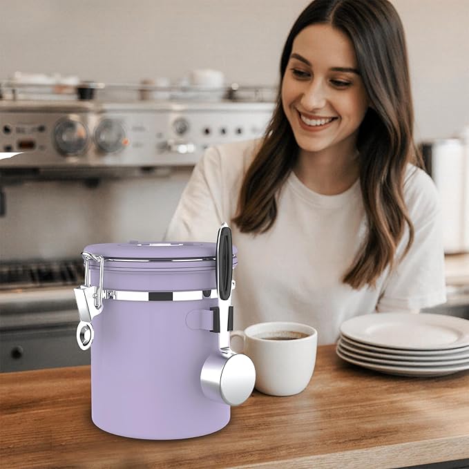 ShanSon Coffee Canister Airtight Coffee Container Stainless Steel Coffee Bean Storage Container with Scoop Coffee Canister for Beans Grounds Sugar Flour Tea Cereal,11OZ, Purple Upgraded Version