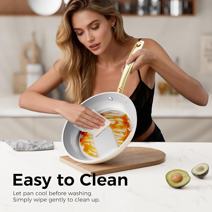 Sanho Ceramic NonStick Frying Pan, 8 & 10 Inch Frying Pans Skillet, Non Stick Egg Pans with Cool Touch PVD Handle for Induction, Dishwasher & Oven Safe, PTFE & PFOA Free, Non Toxic for Healthy Cooking