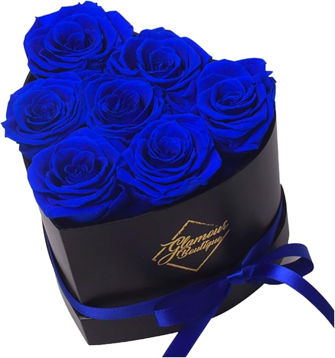 GLAMOUR BOUTIQUE 7 Flower Forever Heart Shape Box, for Mom, Eternal Preserved Roses Gift for Her, Him, Lasting Flowers Bouquet, for Birthday, Anniversary, Blue (Color-Treated)