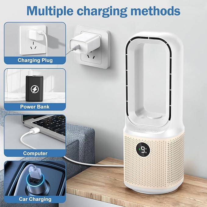 Small Bladeless Desk Fan Quiet, 14 Inch USB Rechargeable Table Fan with 5000mAh Battery, 60° Oscillating 9 Speeds Touch Control, 3 Light Modes, Mini Portable Fan for Office Bedroom Living Room