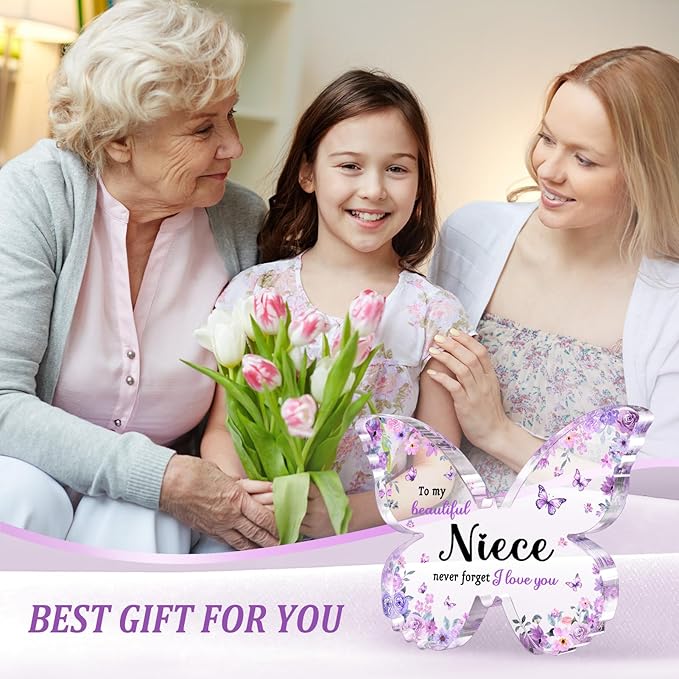 Niece Gifts from Auntie Aunt Uncle - Unique Purple Butterfly Acrylic Plaque Desk Decor - Mothers Day Christmas Valentines Day Graduation Gift for Niece - 5 x 3.8 x 0.5 inches