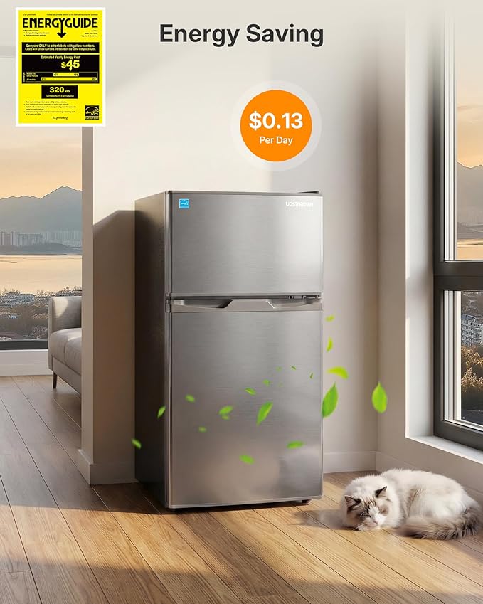 Upstreman 3.1 Cu.Ft Mini Fridge with Freezer, Double Door Small Refrigerator, Adjustable Thermostat, Energy Star Certified Low Noise Mini Refrigerator for Bedroom, Dorm, Apartment Silver-TM31