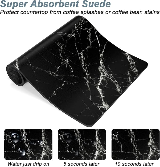 Rnivvi Coffee Mat, 12" x 19" Cute Marble Style Coffee Bar Mats for Espresso Machine Station Accessories and Organizer, Hide Stain Rubber Backed Absorbent Dish Drying Pad for Kitchen Counter, Black