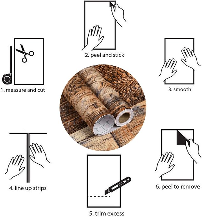 WENMER 17.71" x 197" Brown Wood Wallpaper Peel and Stick Wallpaper Wood Stick on Wall Paper Removable Contact Paper for Drawer Countertop Wall Cabinet Shelf Door