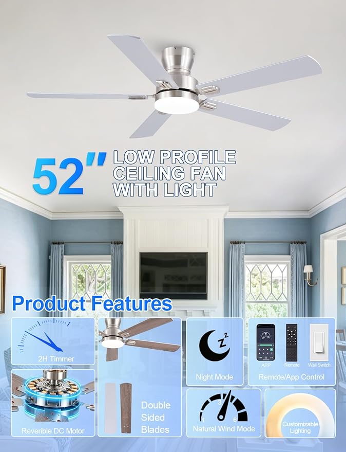 Ceiling Fans with Lights, 52'' Low Profile Ceiling Fan with Light and Remote/APP Control, Modern Flush Mount Ceiling Fan for Indoor Bedroom Living Room, Dimmable, Qiuet DC Motor, Nickel