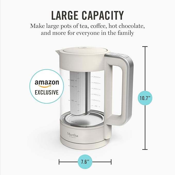Martha Stewart Electric Kettle with Removable Stainless Steel Tea Infuser, Glass Carafe 1.7L (7 Cups), Hot Water Boiler, 4 Presets, Keep Warm & Auto Shut-Off, Cordless 360° Swivel Base, Linen White