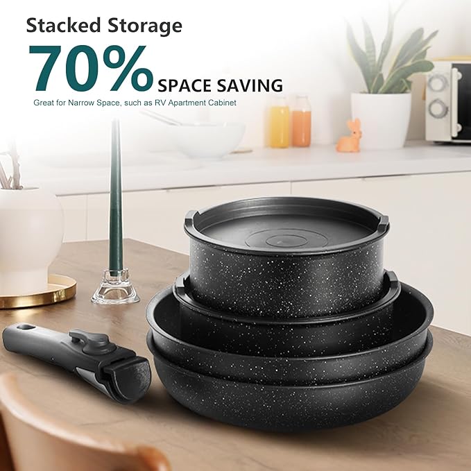 NEWBULIG 12-Piece Nonstick Cookware Set, Detachable Handle Pots and Pans, Induction Compatible Cookware, Dishwasher & Oven Safe, Space-Saving Kitchen Set, Black