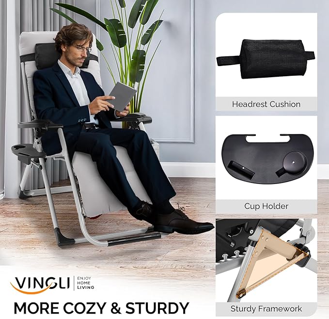 VINGLI Padded Zero Gravity Chair, Lounge Chair with Removable Cushion & Tray， Folding Reclining Patio Chairs， Recliner Chair for Lawn，Indoor and Outdoor