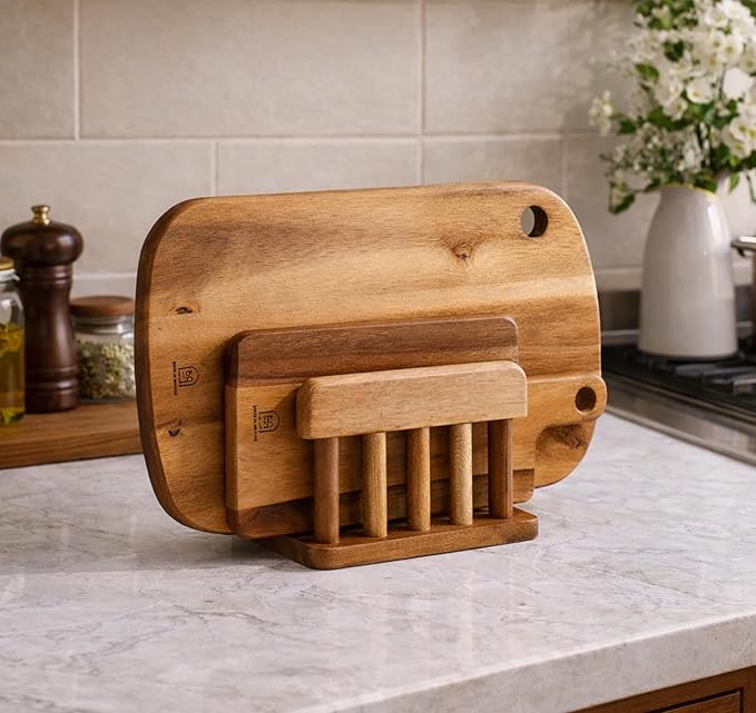LENITH Acacia Wood Cutting Board Holder – Dual Slot, Smooth Solid Wood, Elegant Kitchen Organizer_1ea