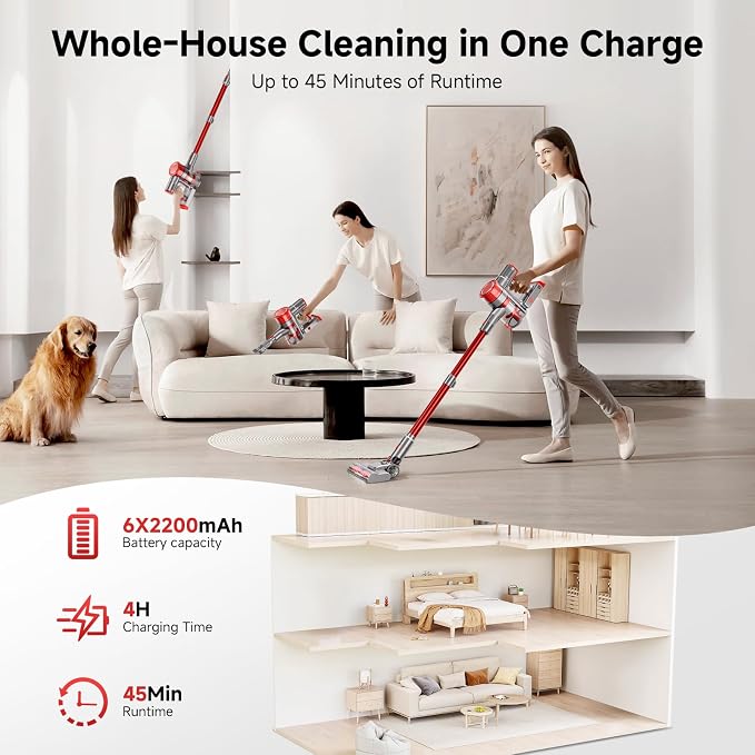 Cordless Vacuum Cleaner, Powerful Stick Vacuum Cleaner for Home with Rechargeable Battery, 6-in-1 Lightweight Handheld Vacuum, 45 Mins Runtime for Hardfloor & Carpets Pet Hair