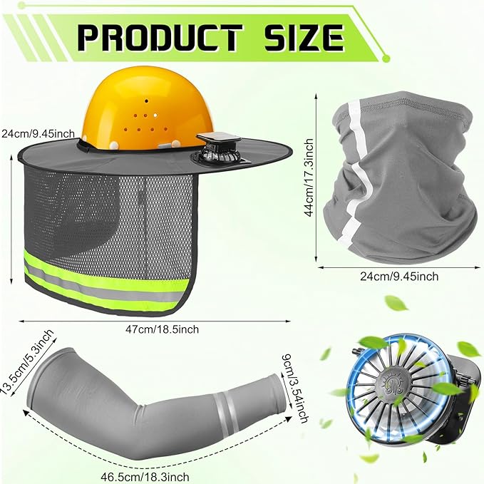 1 Set Sun Hard Hat Shade Full Brim Hard Hat Sun Visor with 2 Solar Fans and Neck Sunshade Cover UV Reflective Strap Arm Sleeves for Construction Workers Outdoor Protection(Grey)