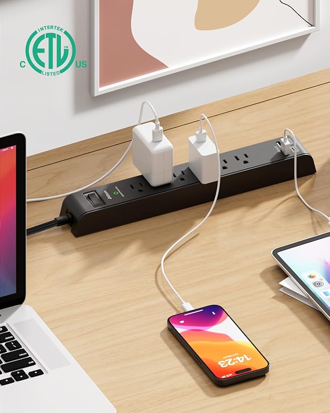 2 Pack Power Strips Surge Protector, 25FT Flat Extension Cord with Multiple Outlets, 6 Outlets 4 USB Charging Ports, Flat Plug, Overload Protection, Wall Mount for Home Dorm Office