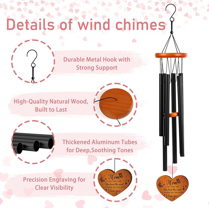 Mom Gifts Wind Chimes for Outside – Wind Chimes with Engraved Wooden Pendant for Mother, Mothers Day Birthday for Mom from Daughter Son, Garden Patio Hanging Keepsake Decor