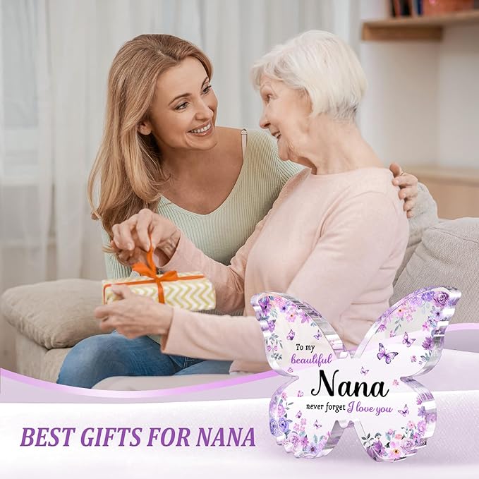 Nana Gifts, Unique Purple Butterfly Acrylic Plaque Desk Decor, Mothers Day Christmas Birthday Gifts for Nana from Grandkids - 5 x 3.8 x 0.5 inches
