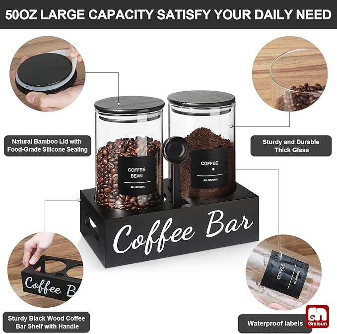 gmisun Coffee Container, 2 Pcs 50 Fl oz Airtight Bean Storage Canister, Black Glass Ground Coffee and Sugar Jar Set with Scoop/Shelf/Labels, Sugar/Tea Holder Containers for Cafe Bar Countertop
