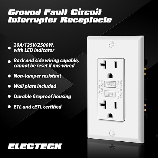 ELECTECK 20 Pack GFCI Outlets 20 Amp, Non-Tamper Resistant, Decor GFI Receptacles with LED Indicator, Ground Fault Circuit Interrupter, Wallplate Included, ETL Listed, White