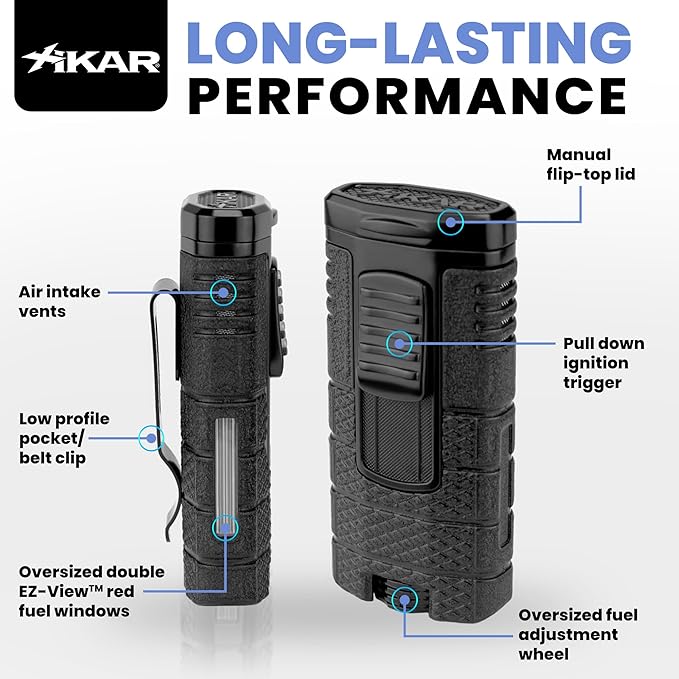 XIKAR Tactical Triple Jet Butane Torch Lighter – Refillable Butane Lighter with EZ-View Fuel Window, Wind Resistant Adjustable Flame, Pocket Clip – Premium Lighter for Outdoor Use – Black