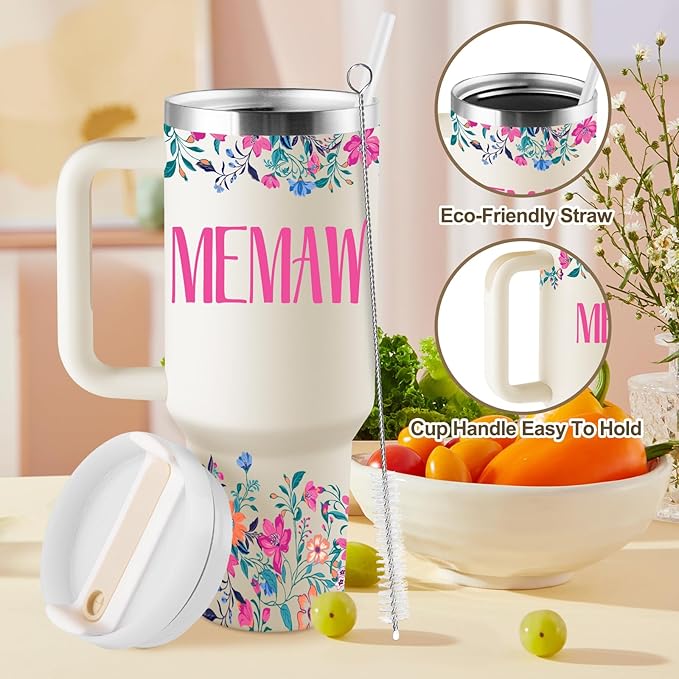 ROSTANTEN Memaw Gifts Memaw Mothers Day Gifts for Memaw from Grandkids for Birthday Christmas 40oz Travel Cup Insulated Tumbler with Lid & Straw