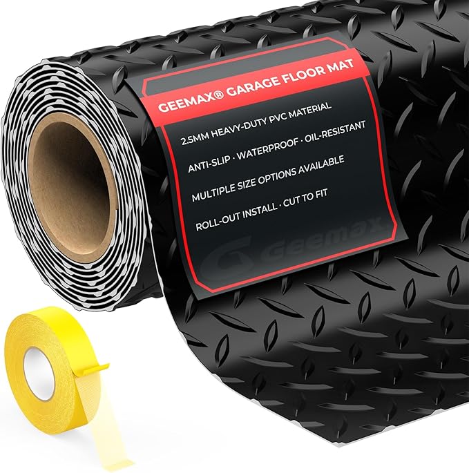 4x10 FT Diamond Plate Garage Floor Mat, Heavy Duty PVC Flooring Roll, 2.8mm Mat for Under Car, Motorcycle, Golf Cart, Trailer, Waterproof Non-Slip Floor Protector for Garage, Basement, Black