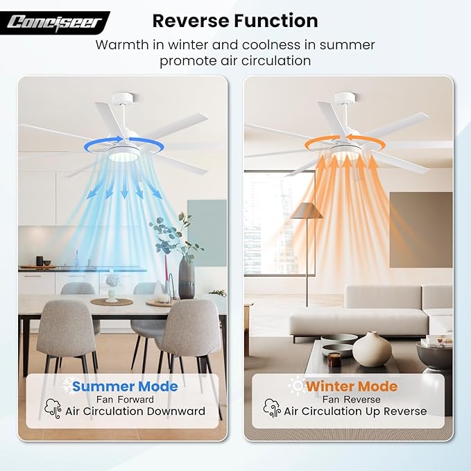 Modern Ceiling Fans with Lights, 65 Inch Ceiling Fan with Light and Remote for Bedroom Living Room Kitchen Office, Indoor/Outdoor Use, 24W 6CCT 8 Blades 6 Speed Reversible Quiet DC Motor, White