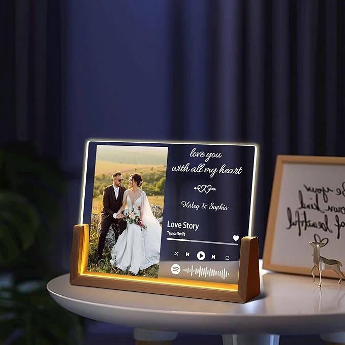 Personalized Valentine's Day Couples Gifts For Him Her Women Men, Custom Acrylic Spotify Plaque Light Up Picture Frame, Customized Anniversary Birthday Wedding Gifts For Husband Wife BF GF
