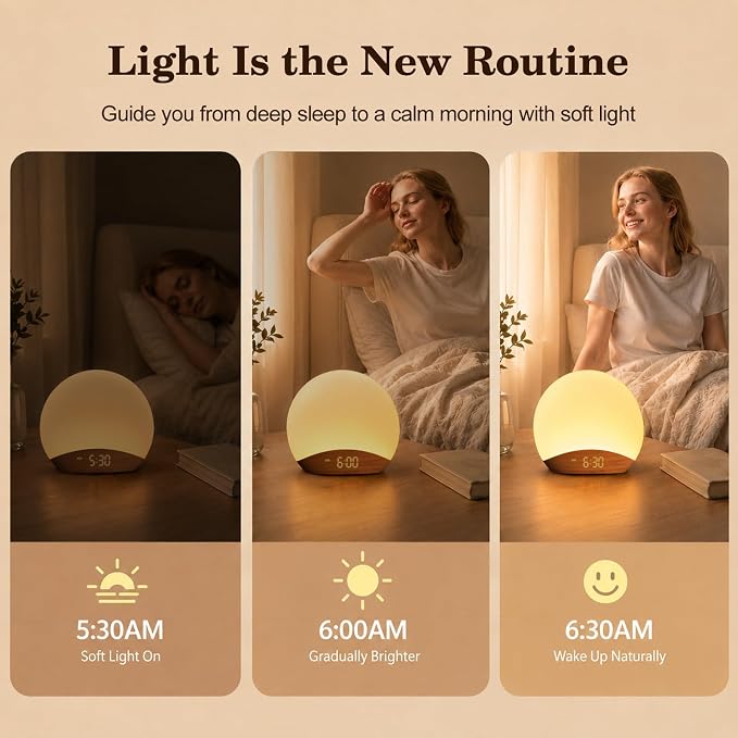 REACHER Wood Grain Sunrise Alarm Clock and Sound Machine Nightlight, Digital Dimmable Clock for Bedroom, 26 Sleep Sounds, White Noise Machine for Baby, Adults, Wake Up Light Alarm Clock for Kids