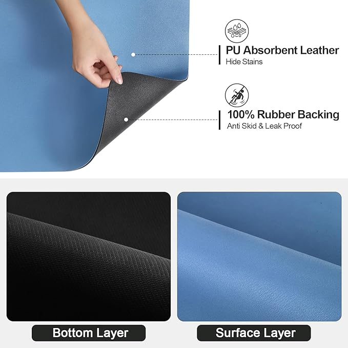 Ecotrim Absorbent Coffee Mat , Stain Hiding PU Leather Surface, Non-Slip Natural Rubber Backing, Quick Dry Mat for Espresso Machine, Kitchen Counter ,Blue | 12" x 19"