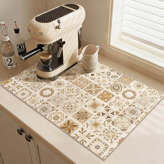 Boho Coffee Espresso Accessories Hide Stain Cuttable Placemat Quick Dry Dish Mat for Kitchen Counter Sink 16"X24" (Elegant Mosaic B)