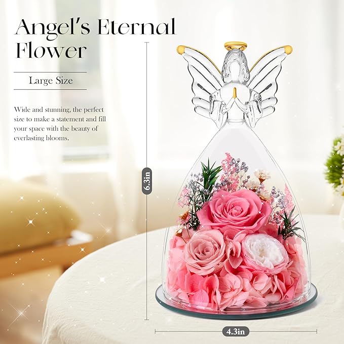 Mothers Day Roses Gifts for Mom Forever Preserved Real Roses Flowers in Glass Angel Figurines Fresh Flowers for Delivery for Grandma Women Mom Wife from Daughter/Pink
