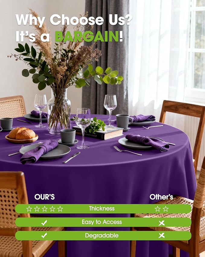 Pureegg Plastic Table Cloth Disposable 20 Pack, 84'' Round Table Cloths, Graduation Decorations Class of 2025, Graduation Party Tablecloths, Round, Plastic Cover, Leakproof & Sturdy, Purple