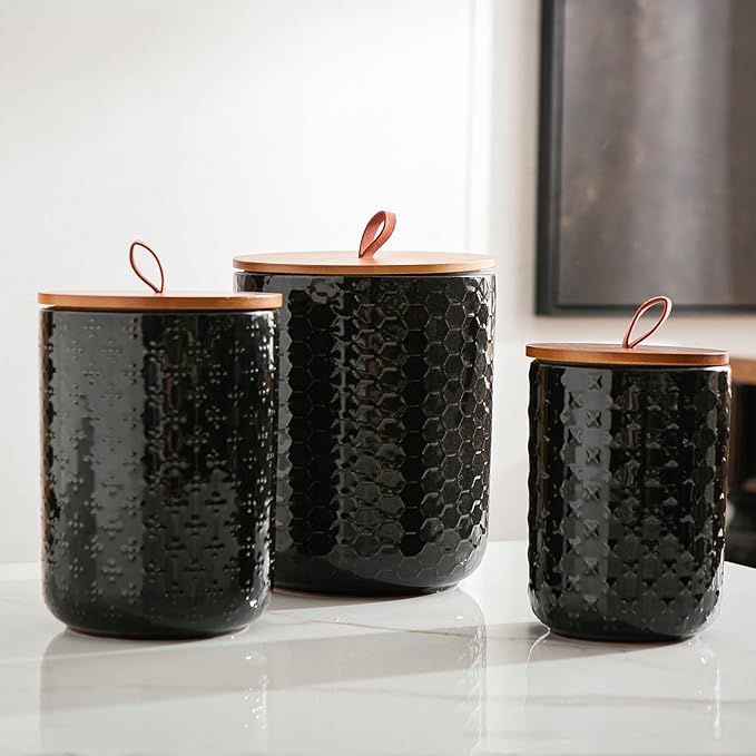 JOJUNO Black Ceramic Canister Set with Wooden Lids – 3-Piece Airtight Food Storage Jars for Kitchen, Embossed Design, Small/Medium/Large Sizes (30/48/82 oz) – Flour, Sugar, Coffee, Tea Containers