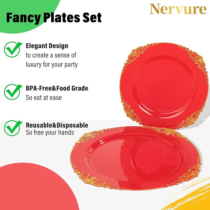 Nervure 350PCS Red Plastic Plates - Red Gold Plastic Dinnerware Sets for 50 Guests - 100 Gold Disposable Plates, 50 Pre Rolled Silverware Sets, 50 Cups Perfect for Wedding & Party & Mothers Day