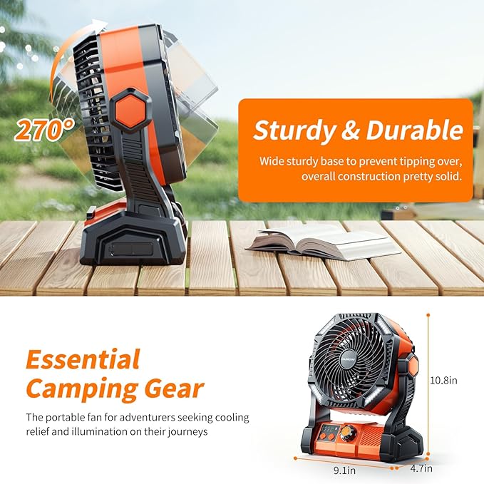 Camping Fan, 20000mAh Rechargeable Battery Powered Outdoor Tent Fan with Light and Hook, 6 Speed, Personal USB Desk Fan for Camping, Fishing, Hurricane, Power Outage Essentials