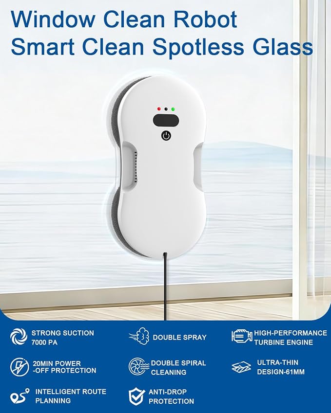 Window Cleaning Robot, Automatic Window Cleaner Robot with Dual Spray, Edge Detection, Intelligent Path Planning, 3000pa Strong Suction, Anti-Drop Protection for Glass